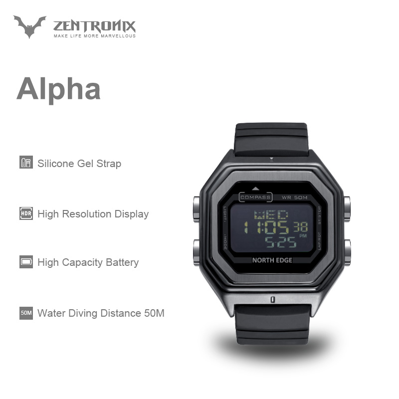 North Edge Alpha Men's Square Screen Digital Sports Watch 50M Waterproof Multi-function World Time Compass Stopwatch Wristband Clock