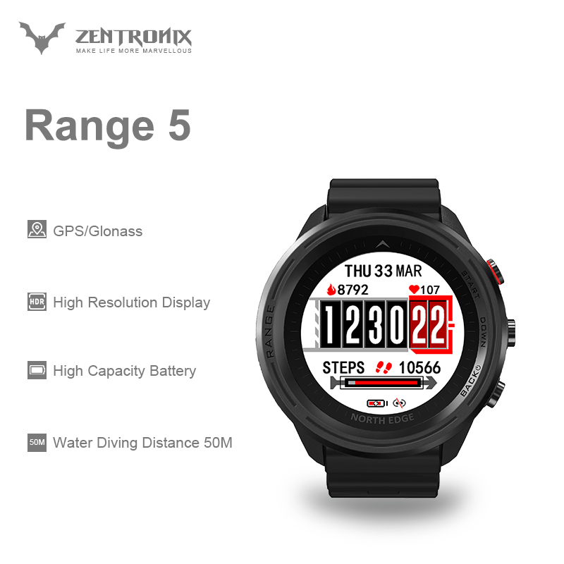 North Edge Range 5 Mens Smart Watch Smartwatch GPS Men Altitude Barometer Compass Waterproof Dive 50M Full Touch Fitness Outdoor Watches